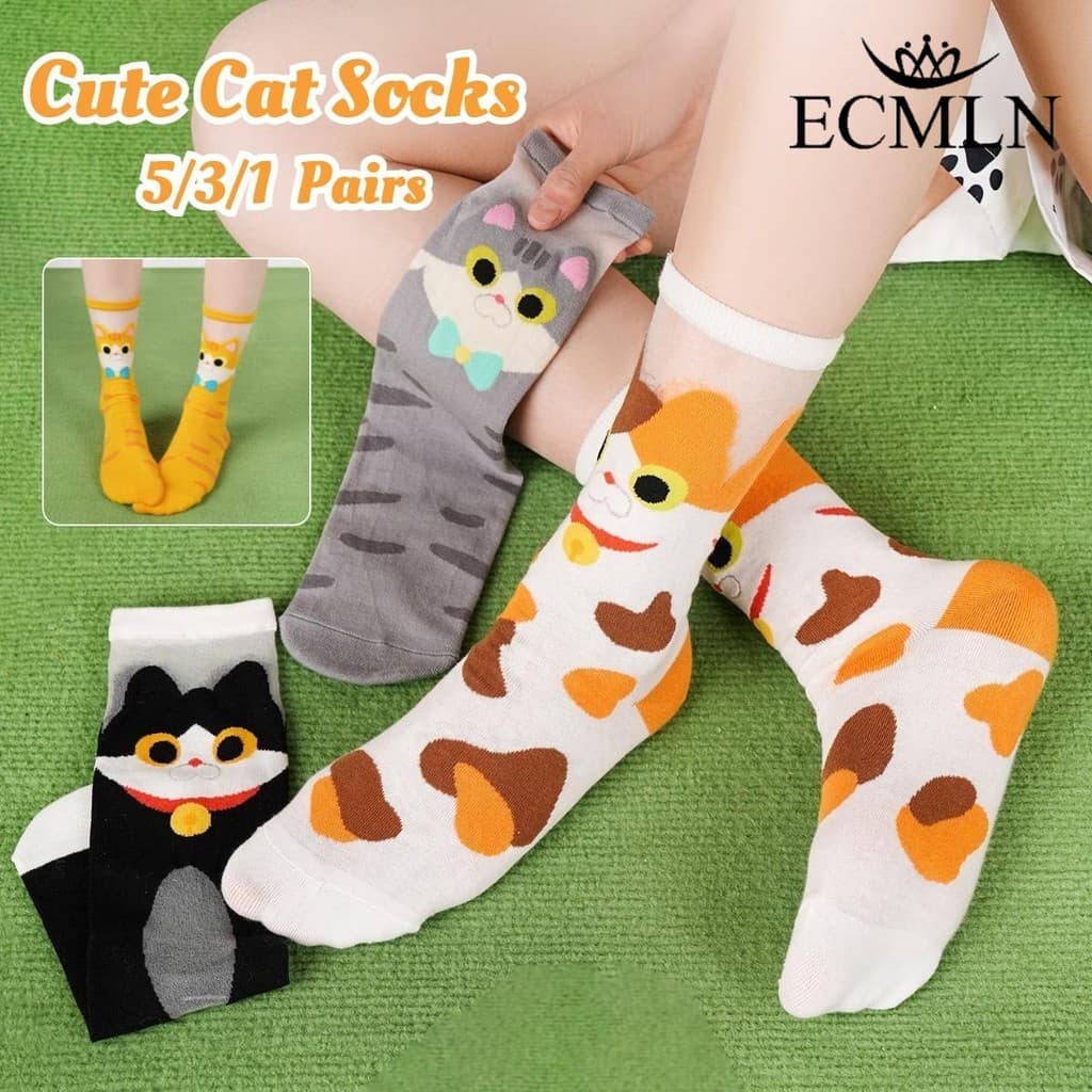 EXMLN 5/3/1 Par Feminino Bonito Gato Impressão Tripulação Meias De Algodão Macio Engraçado Animal Padrão Casual Diárias