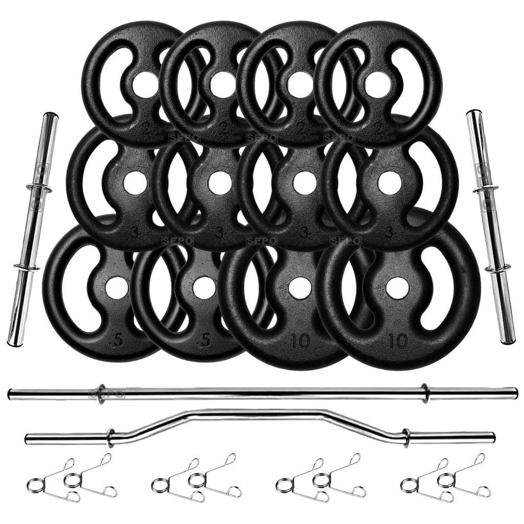 Kit 50Kg em Anilhas de Ferro com Barras de 40cm e 1,60m + Barra W 1,20m