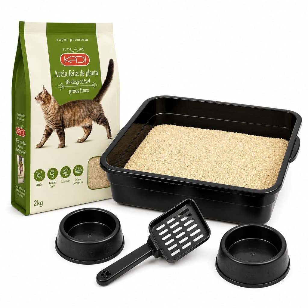 Kit Caixa de Areia Gato Completo Bandeja + Pá + 2 Comedouros + Areia Higiênica KADI 2kg Biodegradável Grãos Finos