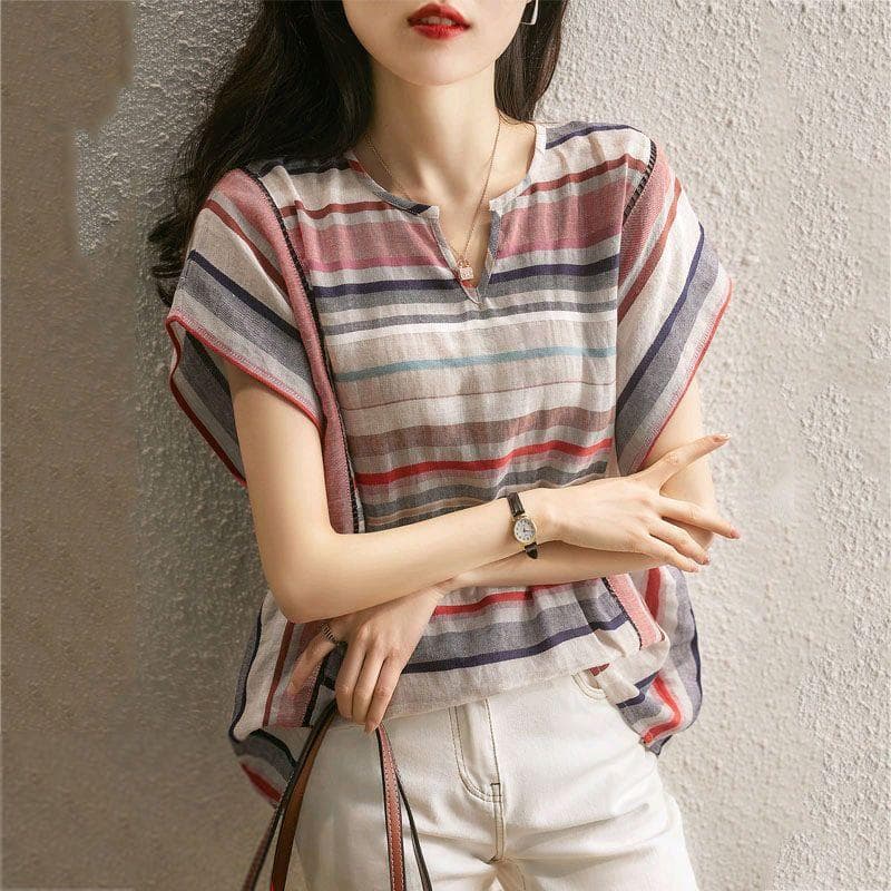 [Novidades] Camisa listrada de novo estilo de verão 2026, versão coreana de manga curta solta camisa tamanho grande