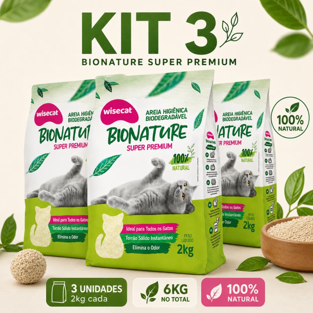 Kit 3 Areia Sanitária De Mandioca Granulado Para Gatos Biodegradável Wisecat 2kg