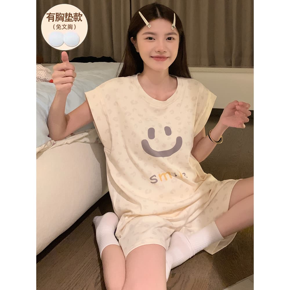 Pijamas femininos com almofada no peito verão colete Shorts algodão puro 2026 novo estilo fino bonito dos desenhos anima