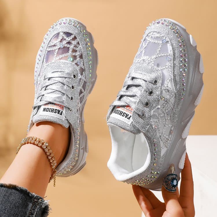 Tênis feminino de sola grossa com strass de malha, sapatos papai de sola grossa com brilho brilhante, sapatos de caminha