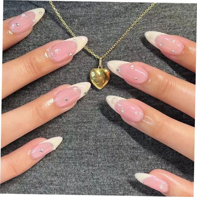 24 Unidades De Unhas Postiças De Amêndoa Destacáveis Com Decoração De Pérolas El