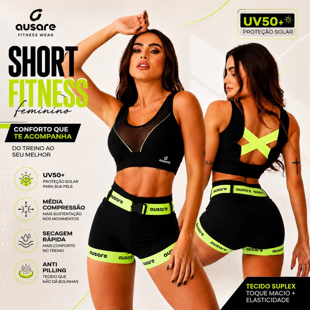 Short Fitness Feminino Ausare Suplex UV50+ Academia Treino Corrida Caminhada Esporte Confortável Secagem Rápida Elastano