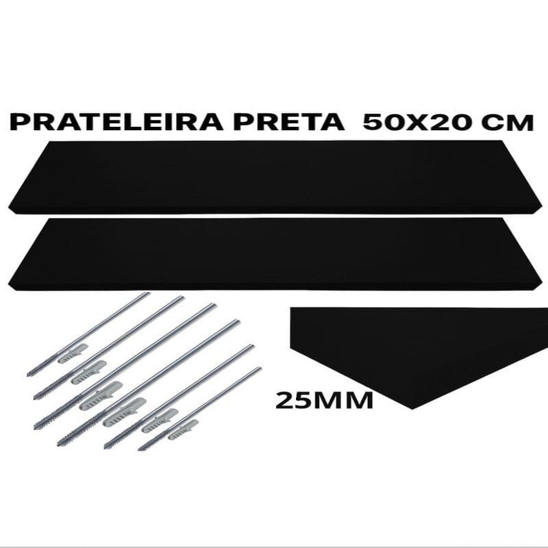 KIT 2 Prateleiras Mdf 50x20 Perfil Grosso 3CM Preta com Suporte para Fixação