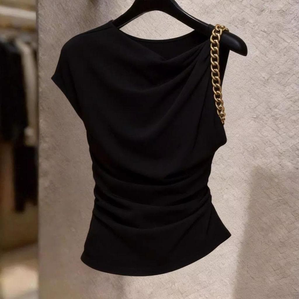 [Venda com desconto por tempo limitado] Top plissado de ombro oblíquo com Design leve e luxuoso, colete preto Slim fit c