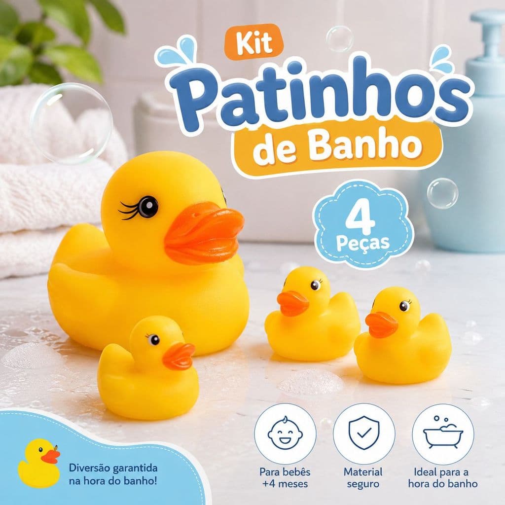 Kit Patinhos de Banho Infantil 4 Peças Pato Emborrachado Bebê +4 Meses Brinquedo