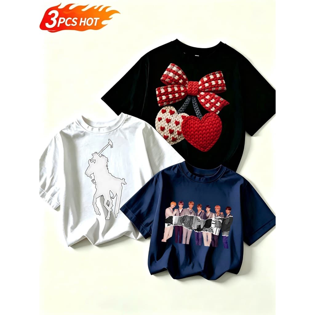 3pcs Camiseta de manga curta com estampa de laço, personagens e cavalos – 100% algodão, corte folgado, ideal para o dia