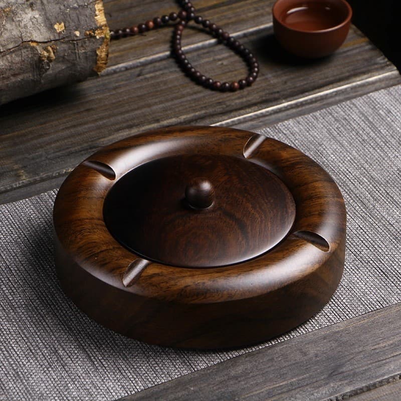 Cinzeiro de madeira maciça de ébano criativo com tampa tamanho grande estilo chinês personalidade resistente a choques c