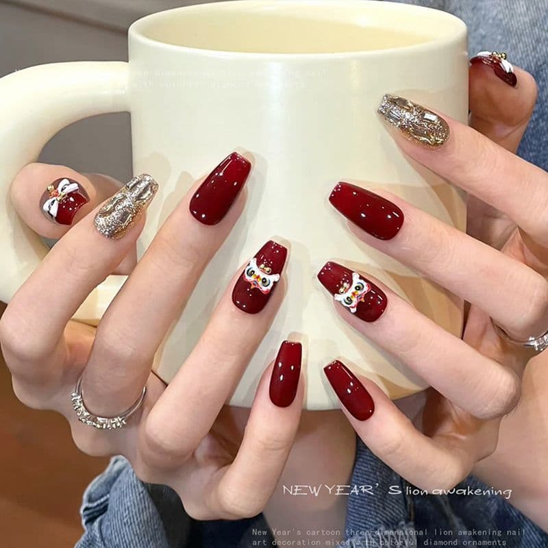 Acessórios de Manicure estilo chinês leão despertar 2026 ano novo desenho animado tridimensional cabeça de leão resina a