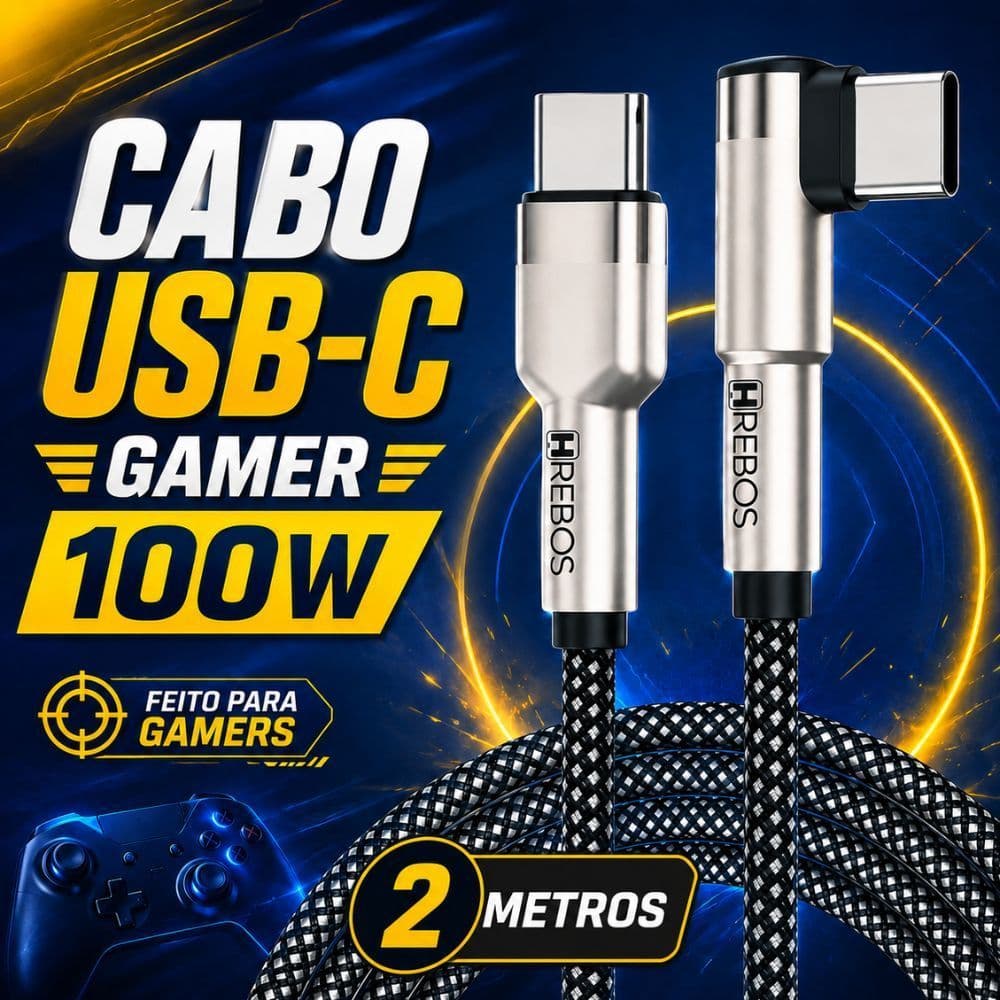 Cabo Celular Gamer Turbo 90 Graus Reforçado 100W 2 metrosType-C para USB-C Carregamento Rápido Turbo