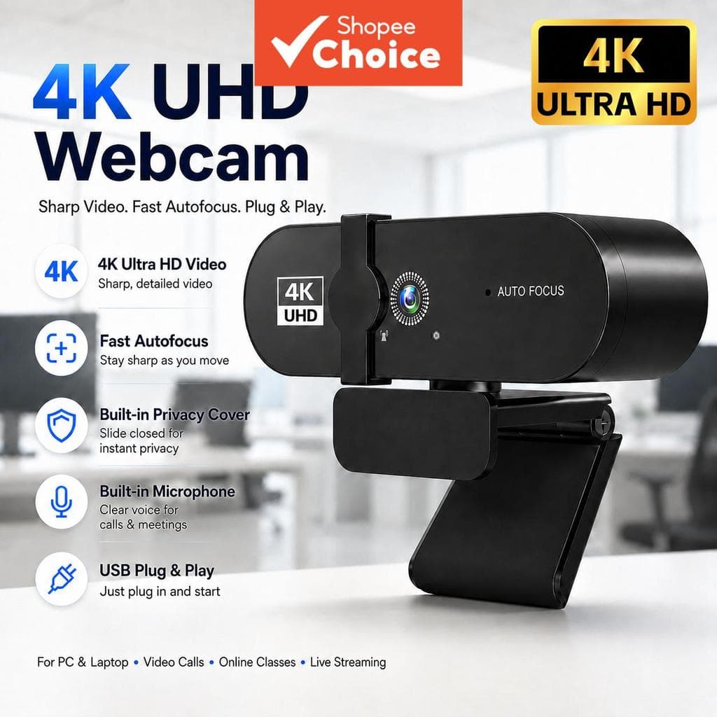 Webcam 4K para PC e Laptop, Câmera de Computador UHD com Autofoco por PDAF, Microfone com Cancelamento de Ruído, Tampa