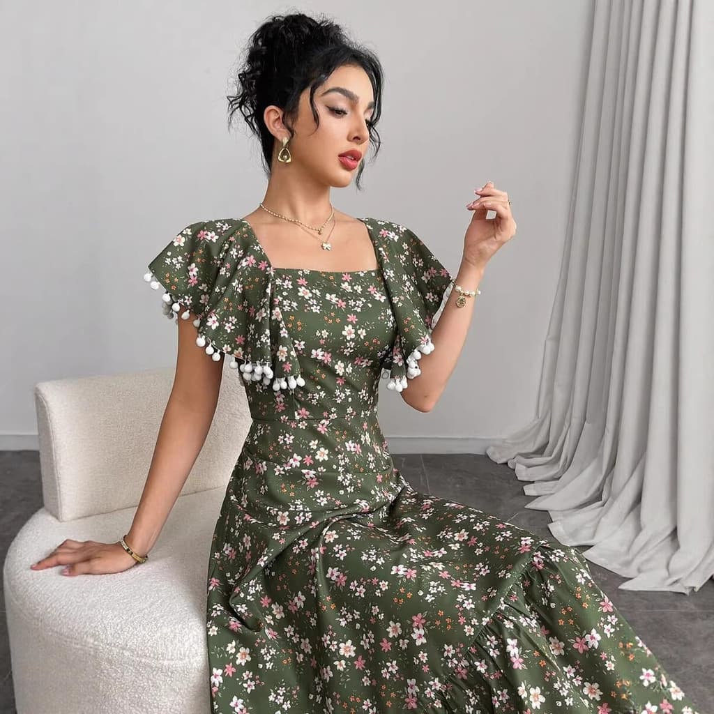 Pronto estoque Envio rápido Vestido retrô verde Floral frente única feminino verão estilo férias francesas saia com deco