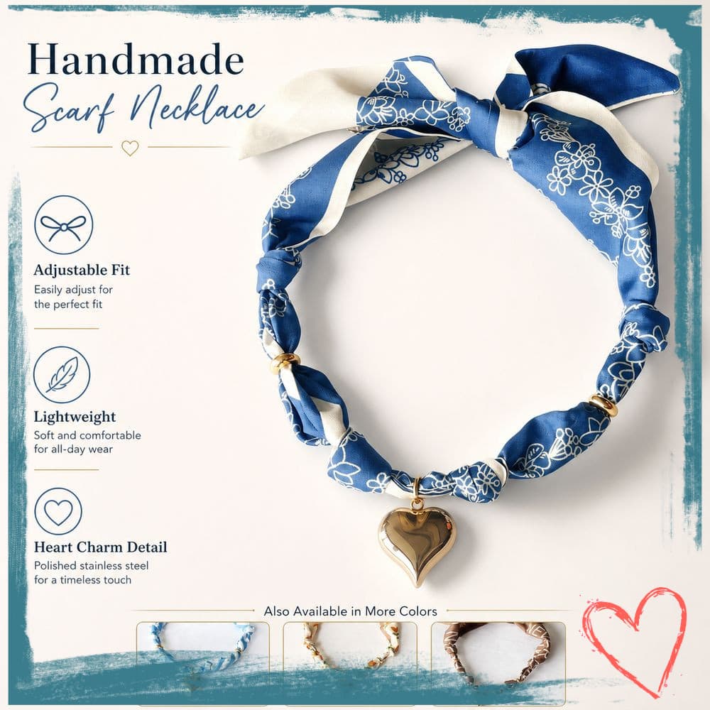 Colar De Lenço , De Bandana Feito À Mão Leve , Pingente De Coração Cáqui Azul De Aço Inoxidável
