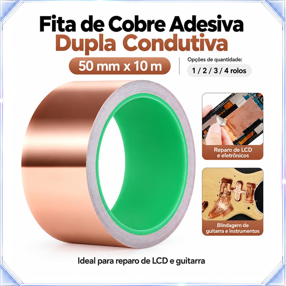 1/2/3/4 rolos de fita de folha de cobre condutora dupla 50mm x 10m pode ser usada para reparo de LCD de celular