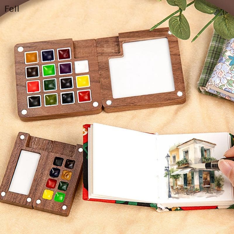 [Fel] Mini Paleta De Aquarela De Madeira De Nogueira Caixa De Pintura Portátil Com Clipe Bandeja De Viagem Materiais De