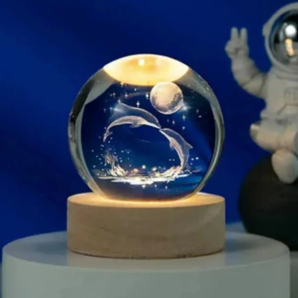 Luminária Bola de Cristal 3D com Base de Madeira LED Decorativa Golfinhos Lua Luz Noturna para Quarto Presente