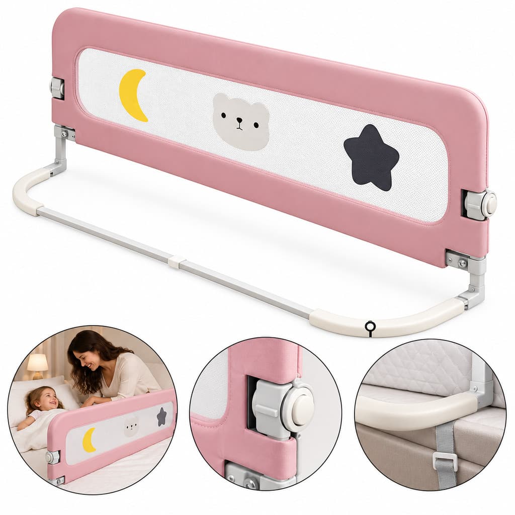 Grade Cama Infantil c/ Tela Segurança 1,2/1,5/1,8/2m - Base U Reforçada Rosa/Cinza Anti-Beliscão