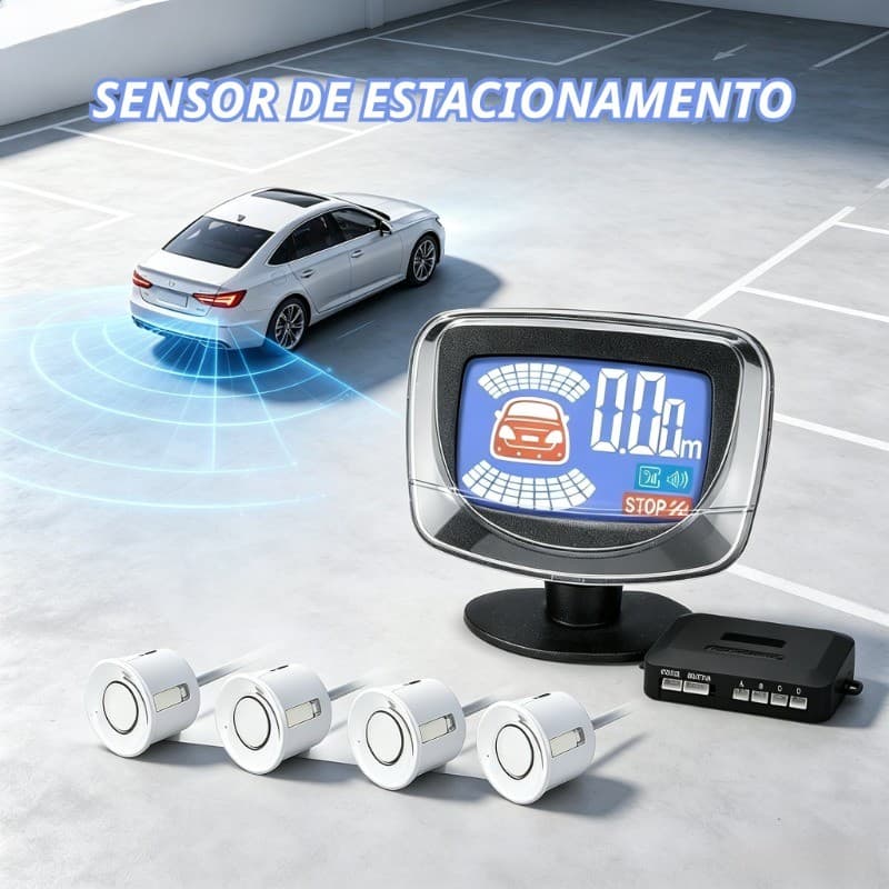 Kit Sensor de Estacionamento Universal para Carro com 4 Sensores Display LCD de 2,1" e Alerta Sonoro Resistente a Chuva