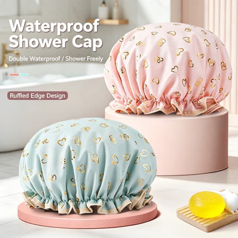 Touca de banho dupla à prova d'água, touca de cabelo dourada, estampada, poliéster, algodão, PEVA, banho, estilo feminin