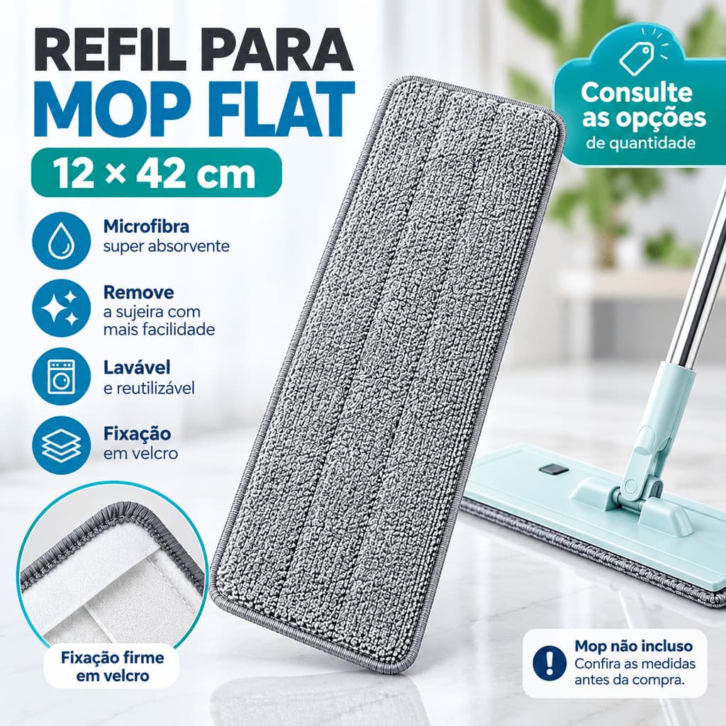 Refil para Mop Flat 12x45cm Microfibra Lavável Pano de Reposição para Limpeza