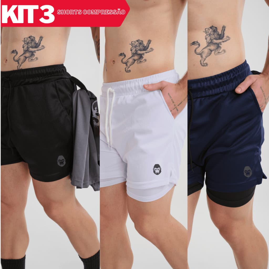 Kit 3 Shorts Masculinos Kong 2 em 1 de Alta Compressão