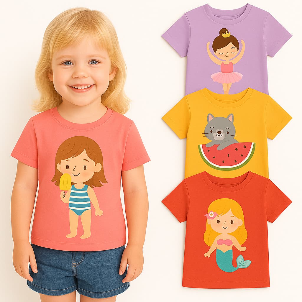 Kit 3 Camisetas Infantil Menina Infantil - Kit 3 Blusas de Menina Infantil Verão Sortidas- Blusa Feminina Verão Infantil