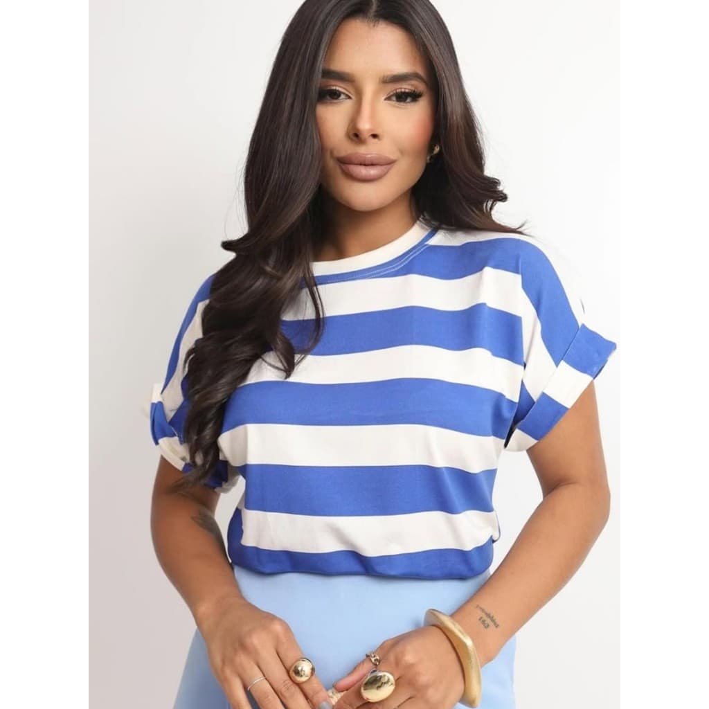 BLUSA FEMININA CASUAL COM LISTRAS MANGA CURTA JAPONESA VISCOLICRA PREMIUM