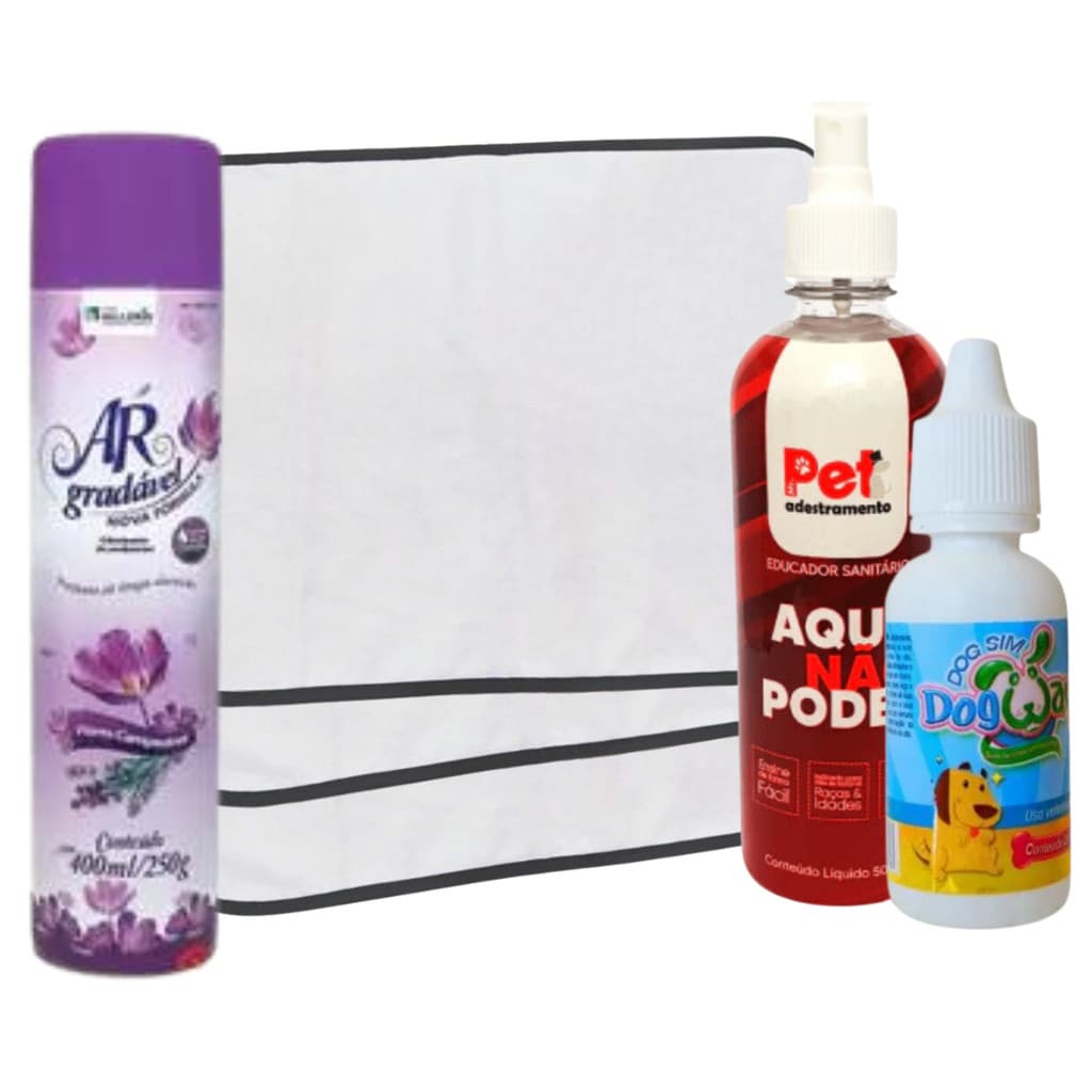 Kit 6 Tapetes Higiênicos 70x50 + Odorizador Cheiroso 400ml Tipo Bom Ar + Kit Educador Sanitário