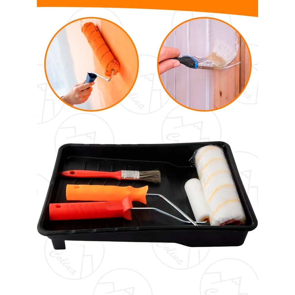 Kit Pintura Econômico Básico 4 Peças Para Parede Bandeja Rolo De Pintura E Pincel