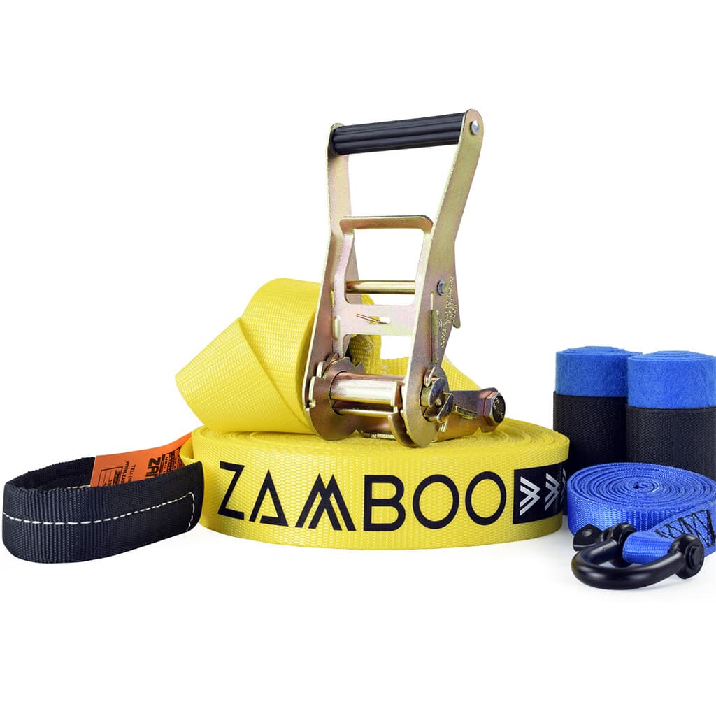 Slackline Zamboo ActionLine 20m Amarelo Com Catraca Reforçada BackUp Protetores