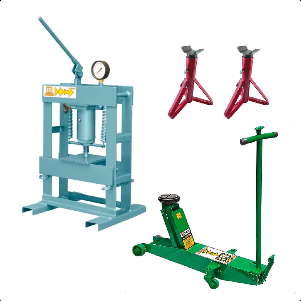 Kit Prensa Hidráulica 15 Toneladas De Bancada Com Macaco Jacaré Longo 2 Ton E Kit Com 2 Cavaletes
