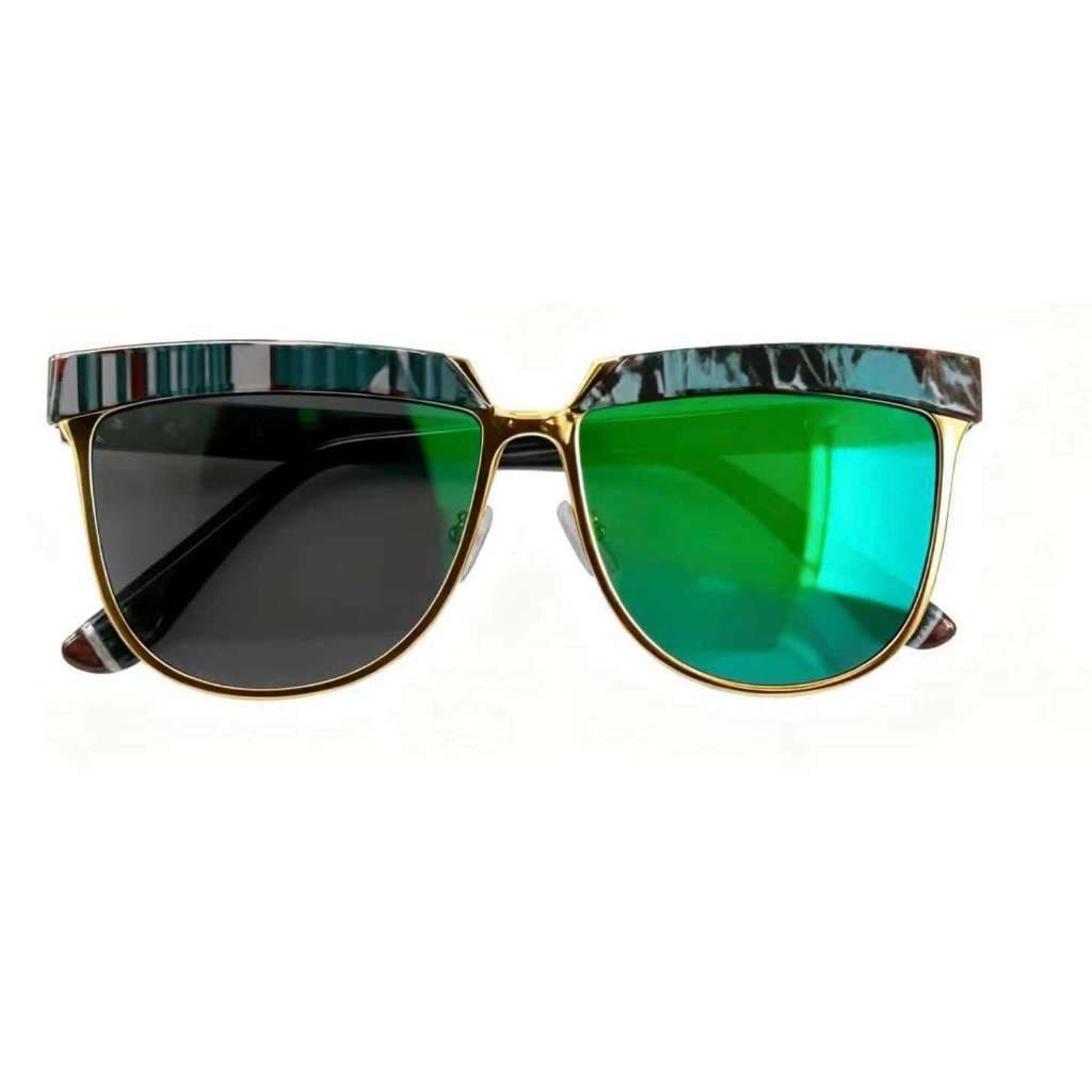 Óculos de Sol Gatinho com Reflexo Verde e Moldura Dourada com Estampa Vintage