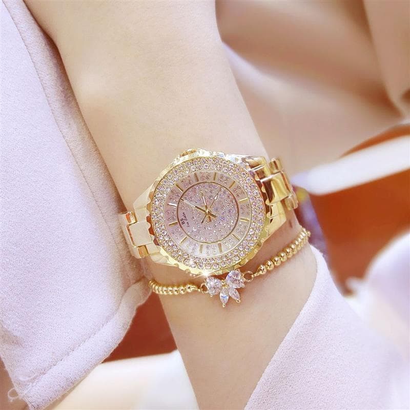 Qixi presente luz de luxo relógio feminino moda cheio diamante pequeno relógio ouro 2023 novo estilo 7 jóias corrente re
