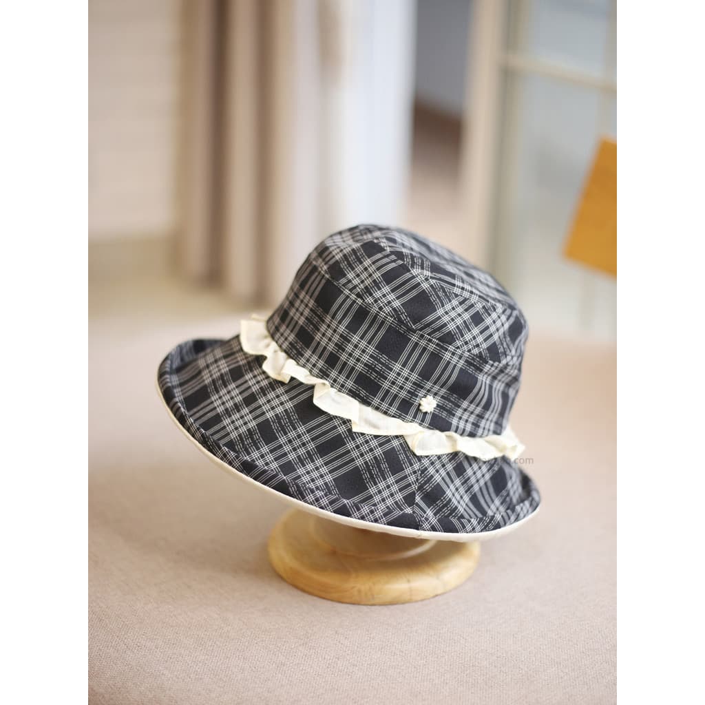 Versão coreana balde chapéu feminino primavera verão novo estilo Curling xadrez All-Match pote chapéu renda decoração vi