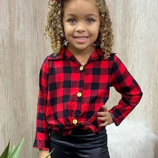 Blusa infantil xadrez para meninas com amarração camisa xadrez com botões em tecido viscose
