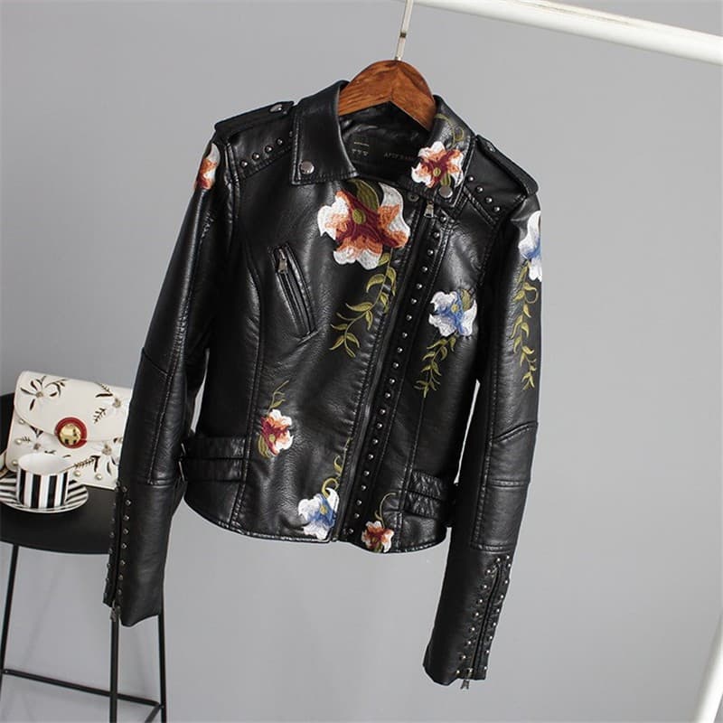 Jaqueta Feminina De Couro Sintético/PU/Estampa Floral/Bordado/Gola Virada Para Baixo/Casual Motocicleta/Punk
