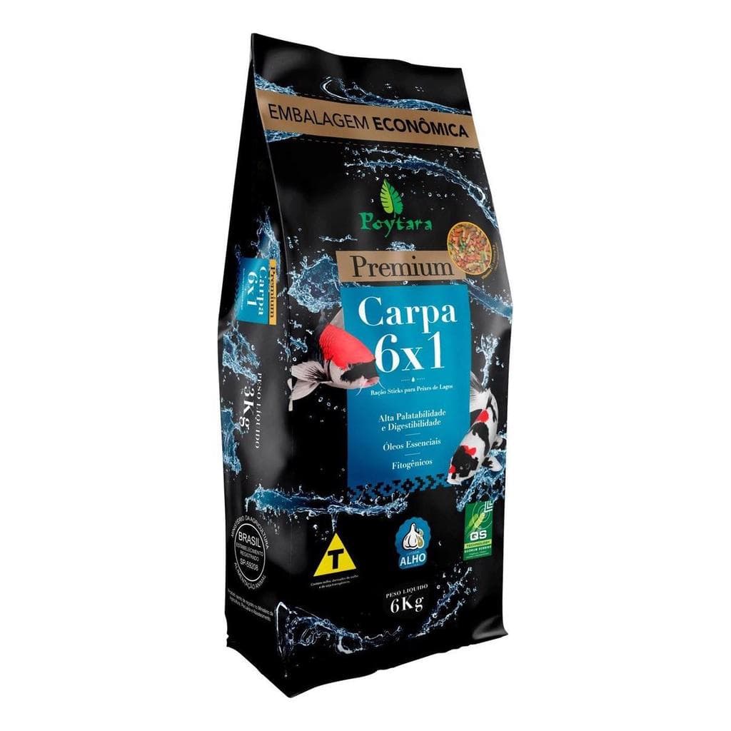 RACAO POYTARA STICKS PREMIUM CARPA MIX 6X1 6KG COM ALHO LAGOS E AQUARIOS
