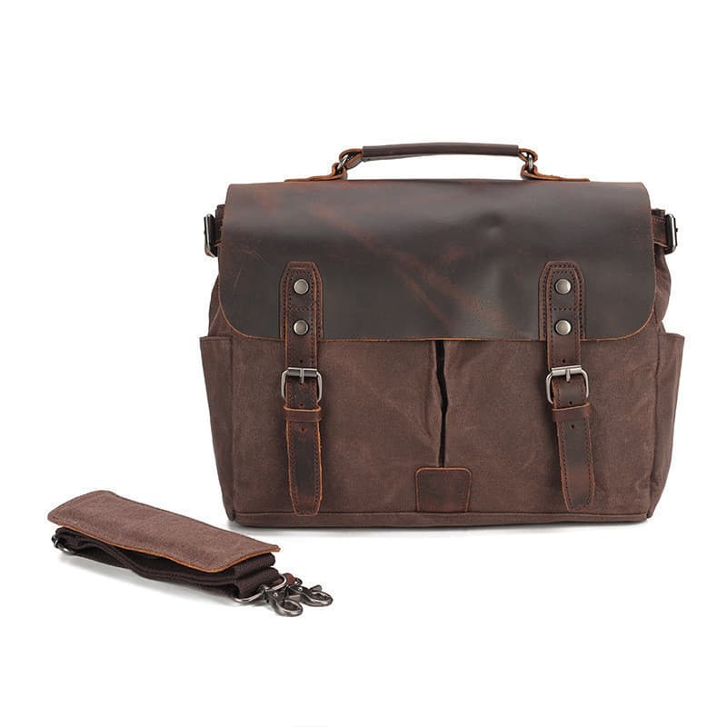 Bolsa de Ombro Masculina em Couro Crazy Horse em Estoque, Pasta Executiva em Lona Encerada, Couro Vintage RGLQ NG6D TMVT