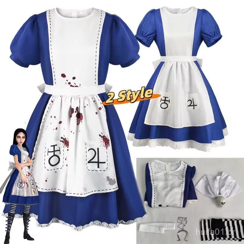 Alice Madness Returns Vestido Lolita de Mangas Curtas Tamanho Plus Fantasia de Cosplay para Halloween e Festas de Empreg