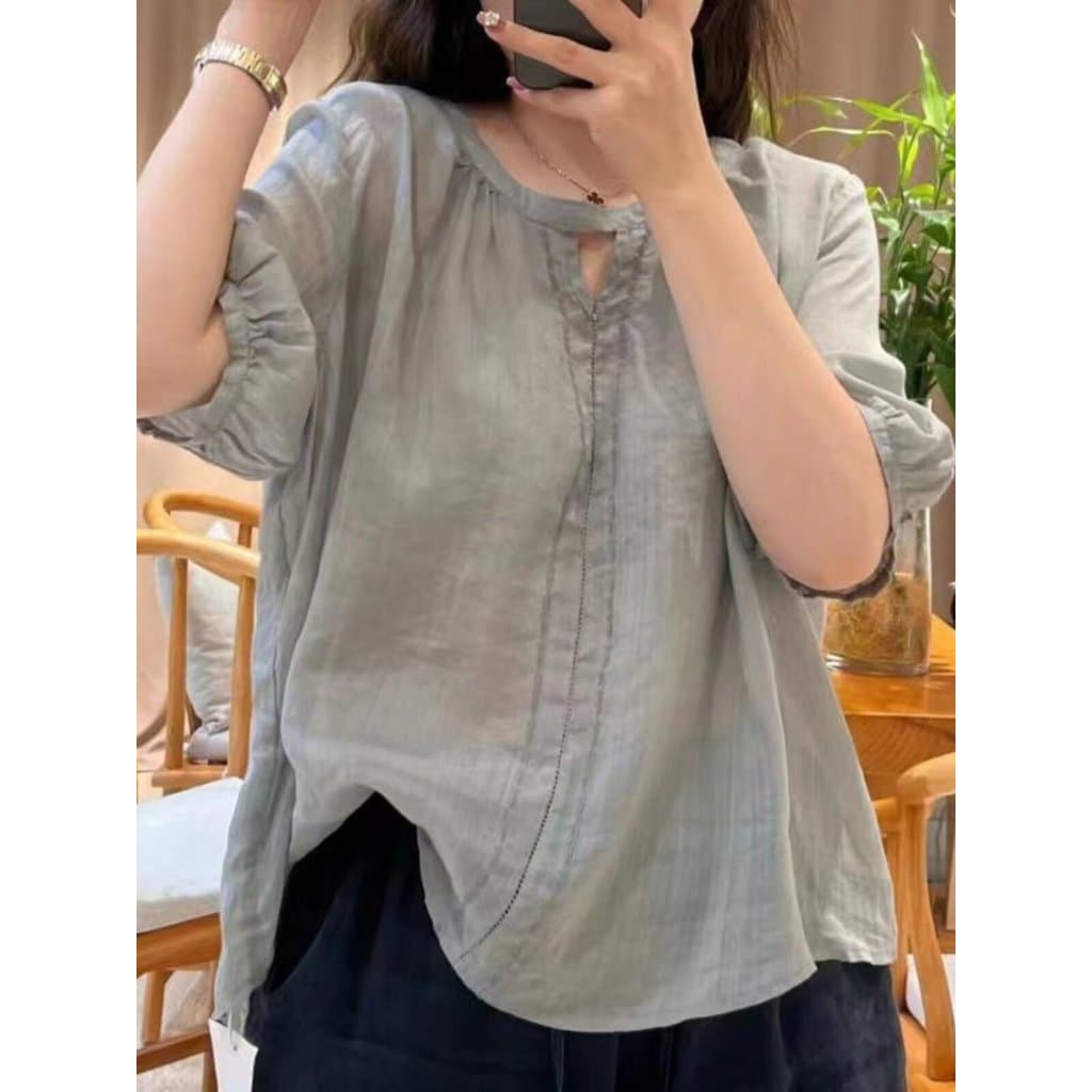 Tarde Qinghe ~ Literária Cor Sólida Estilo Fino Ramie Camisa Feminina Camiseta de Linho de Manga Curta Solta Bordada Alg