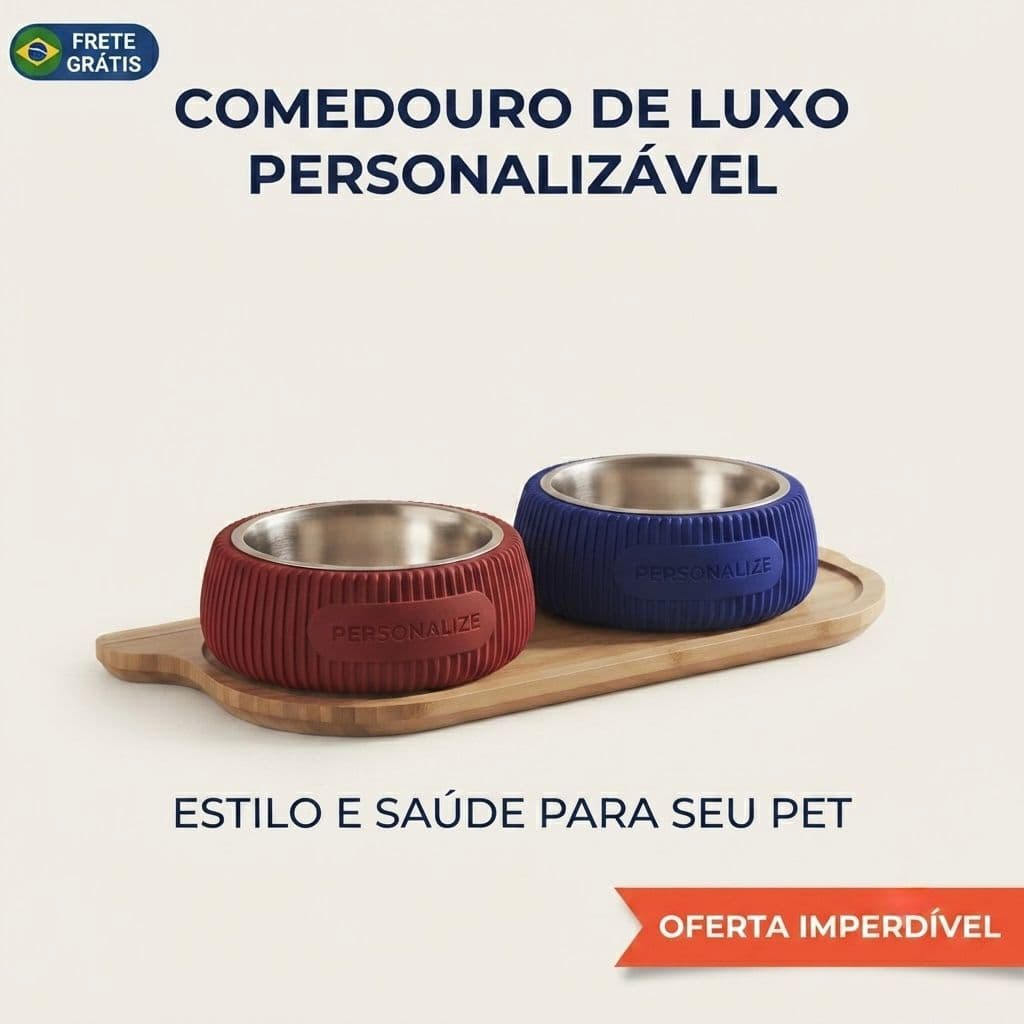 COMEDOURO PERSONALIZADO PET CACHORRO E GATO COMIDA E AGUA COM TIGELA INOX
