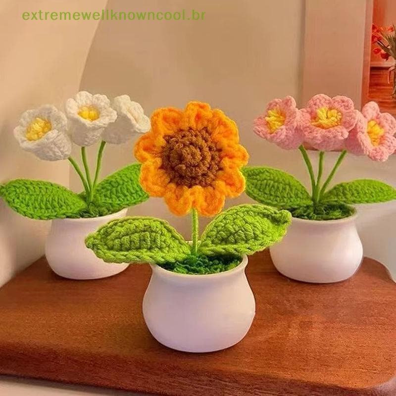 EWC Flores De Crochê Girassóis Artificiais Vaso Mão Tecido Planta Presente De Casamento Para Convidados Decoração De Gir