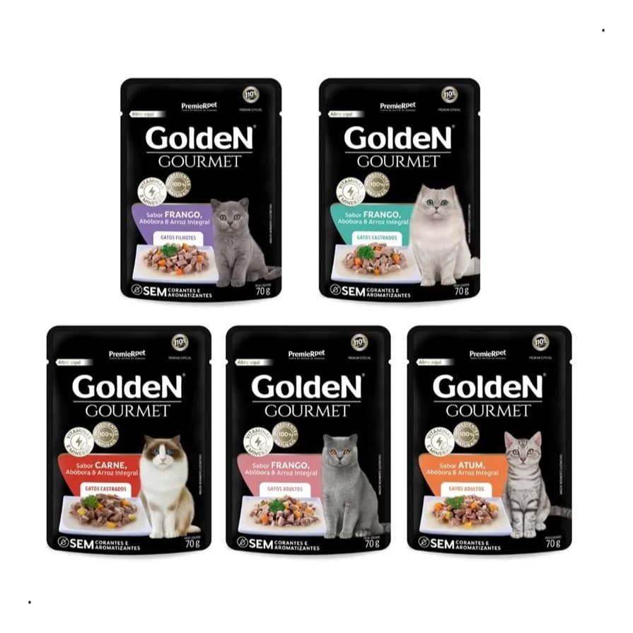 Sachê Golden Gourmet p/ Gatos - Caixa c/ 20 un 70g– Alimento Úmido de Sabores Diversos - Validade Longa