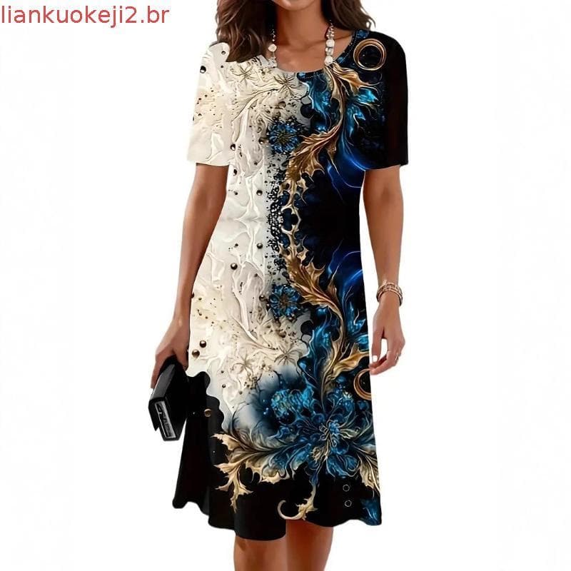 Novo Estilo De Verão Estampado Em Torno Do Pescoço Pulôver Feminino Linha A Vestido De Manga Curta Europeu .