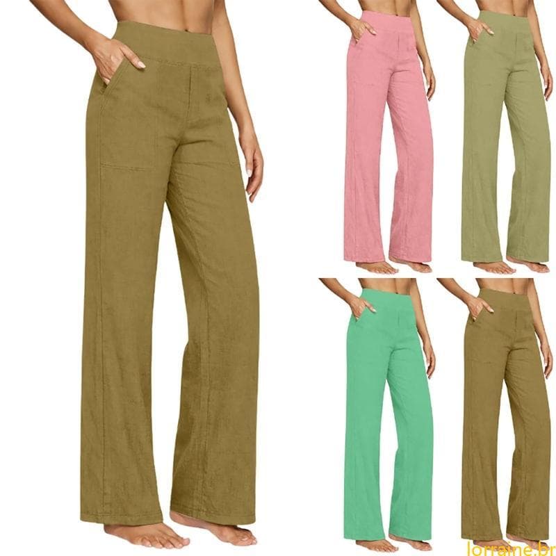 lORI Calça Feminina Verão Perna Larga Casual Solta Folgada Palazzo Cor Sólida Cintura Elástica Lounges