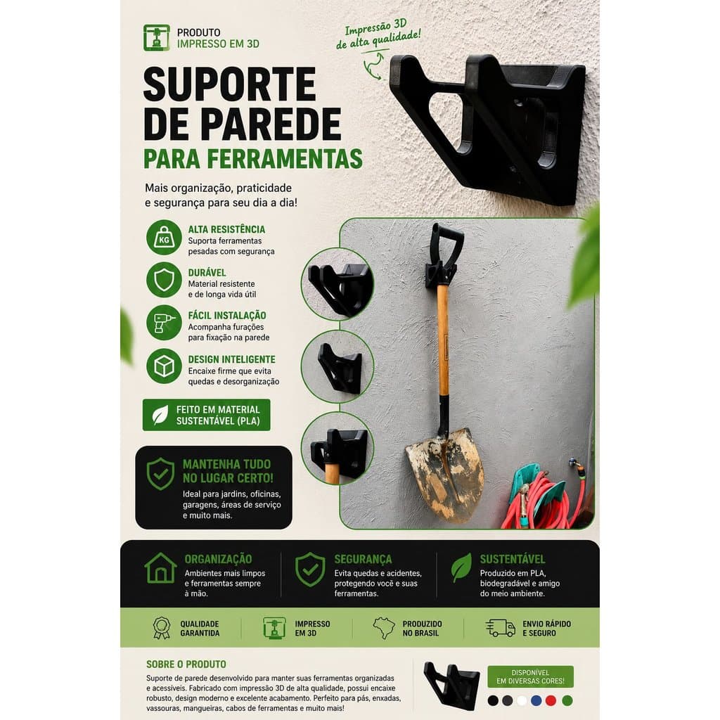 Suporte de Parede para Pá, Enxada e Ferramentas de Jardim