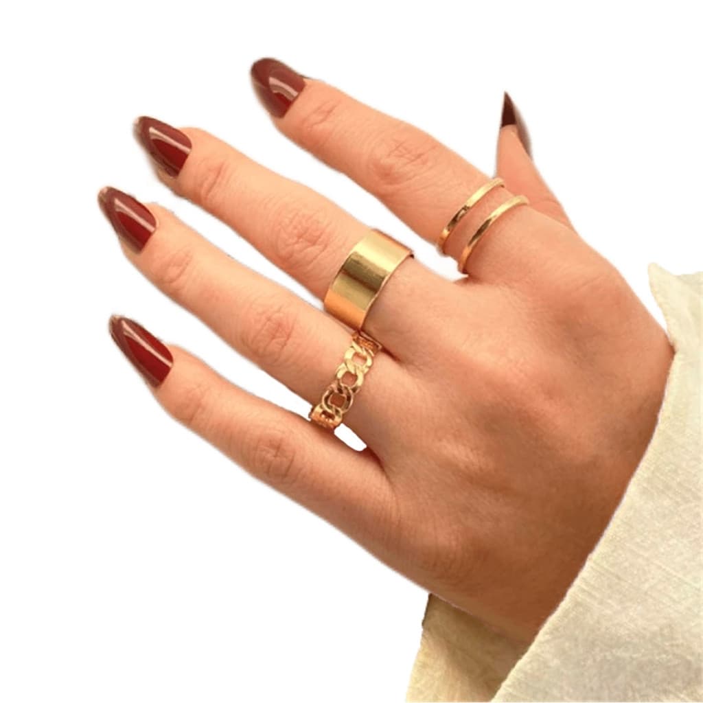 Conjunto Elegante 3 Anéis Minimalistas Corrente Duas Camadas Kpop Dorama Ajustáveis