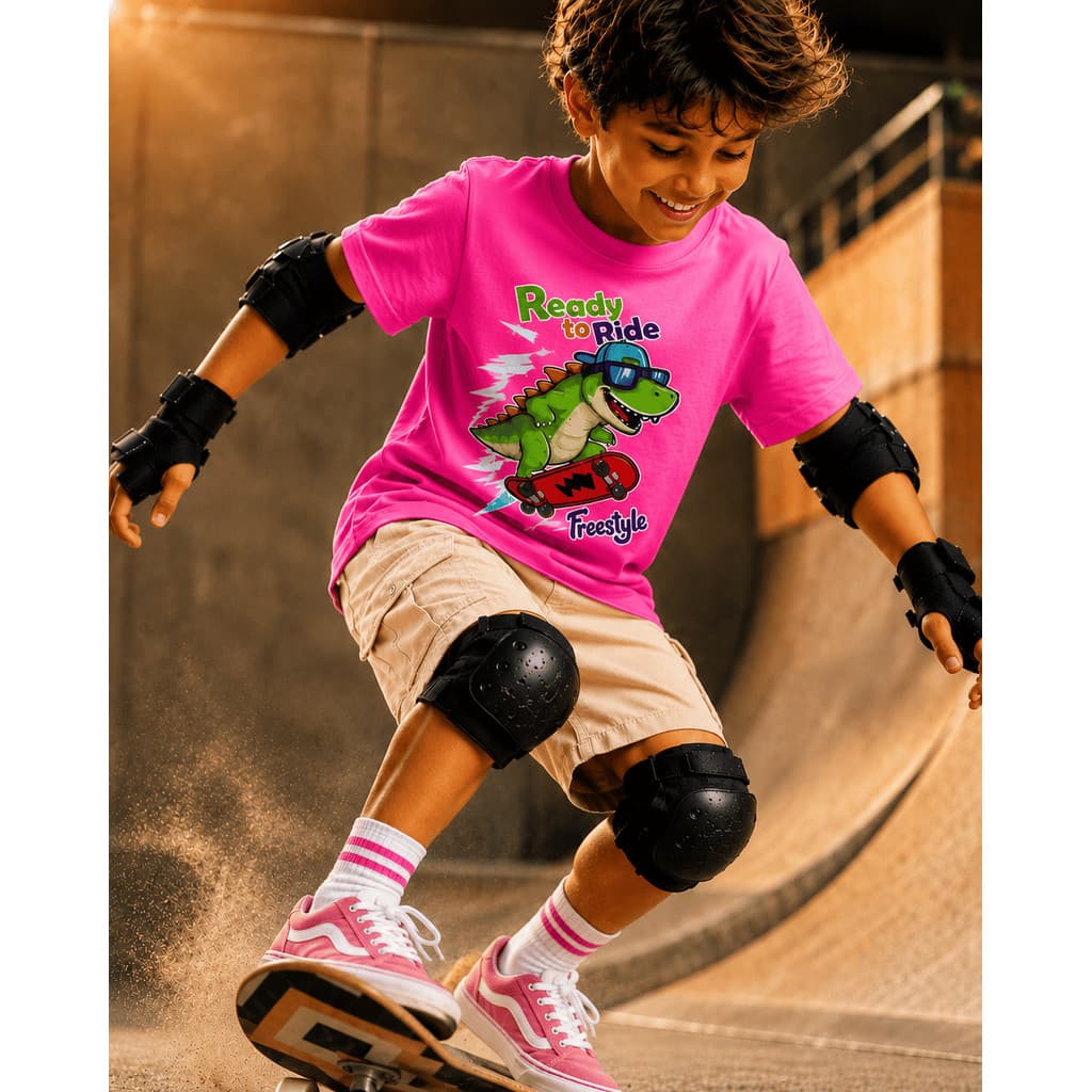 Camiseta Infantil Menino Dinossauro Radical no Skate 100% Algodão Confortável
